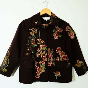 Entity Jacket L Brown Floral Embroidered 3/4 sleeve Artsy Boho Vintage